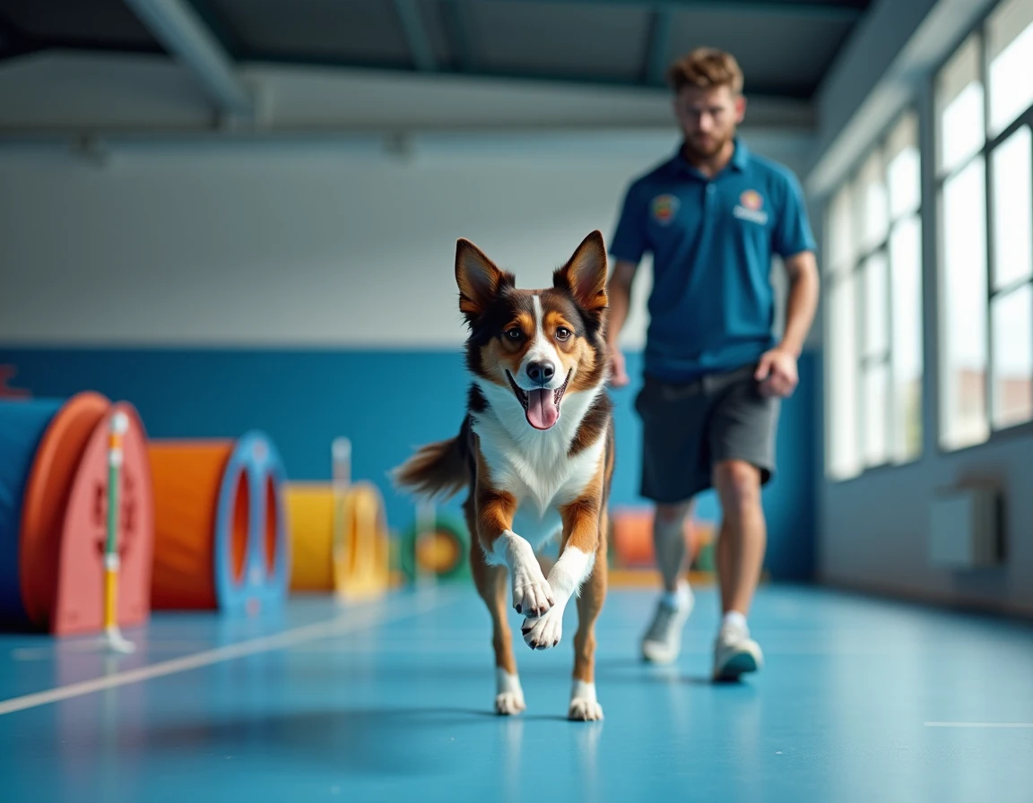 Un éducateur canin travaille avec un Berger Australien sur des exercices d'agilité dans les locaux modernes de Dog's Cool