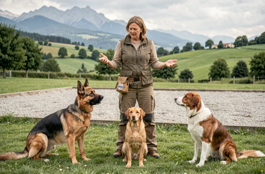 Une dresseuse professionnelle entourée de trois chiens de races différentes dans un parc verdoyant de la région Auvergne-Rhône-Alpes
