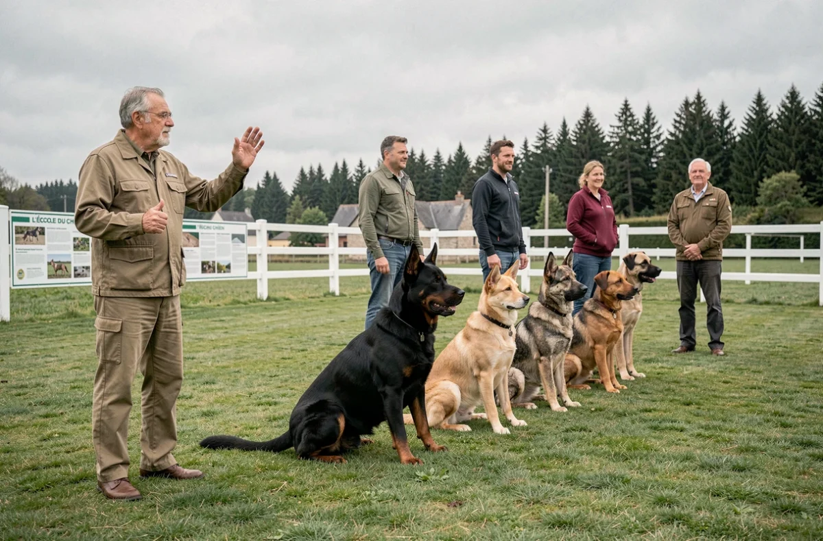 Un instructeur de L'École du Chien supervise une séance d'obéissance collective en plein air avec plusieurs chiens assis en rang et leurs maîtres