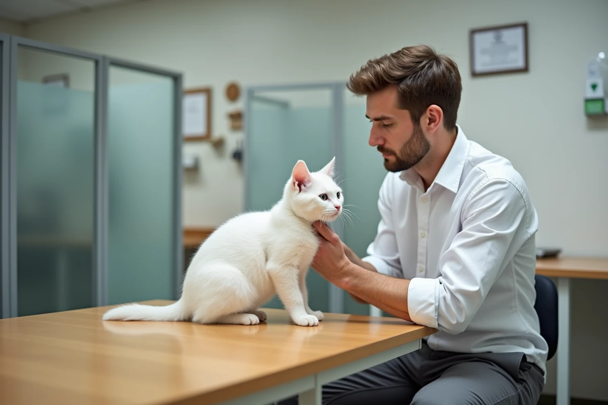 Jeune eleveur examinant un chaton Birman dans un cattery