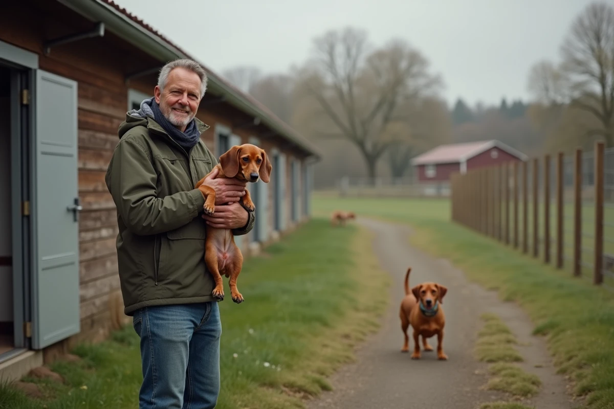 Eleveur avec un chien dachshund en extérieur sur une ferme