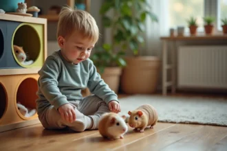 Enfant de 8 ans dans un enclos à guinea pigs colorés