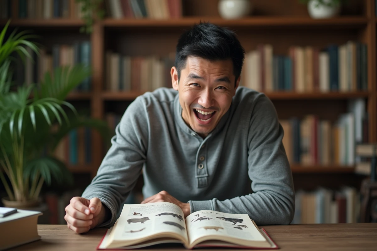 Homme consulter une encyclopédie d'animaux commençant par N dans une bibliothèque