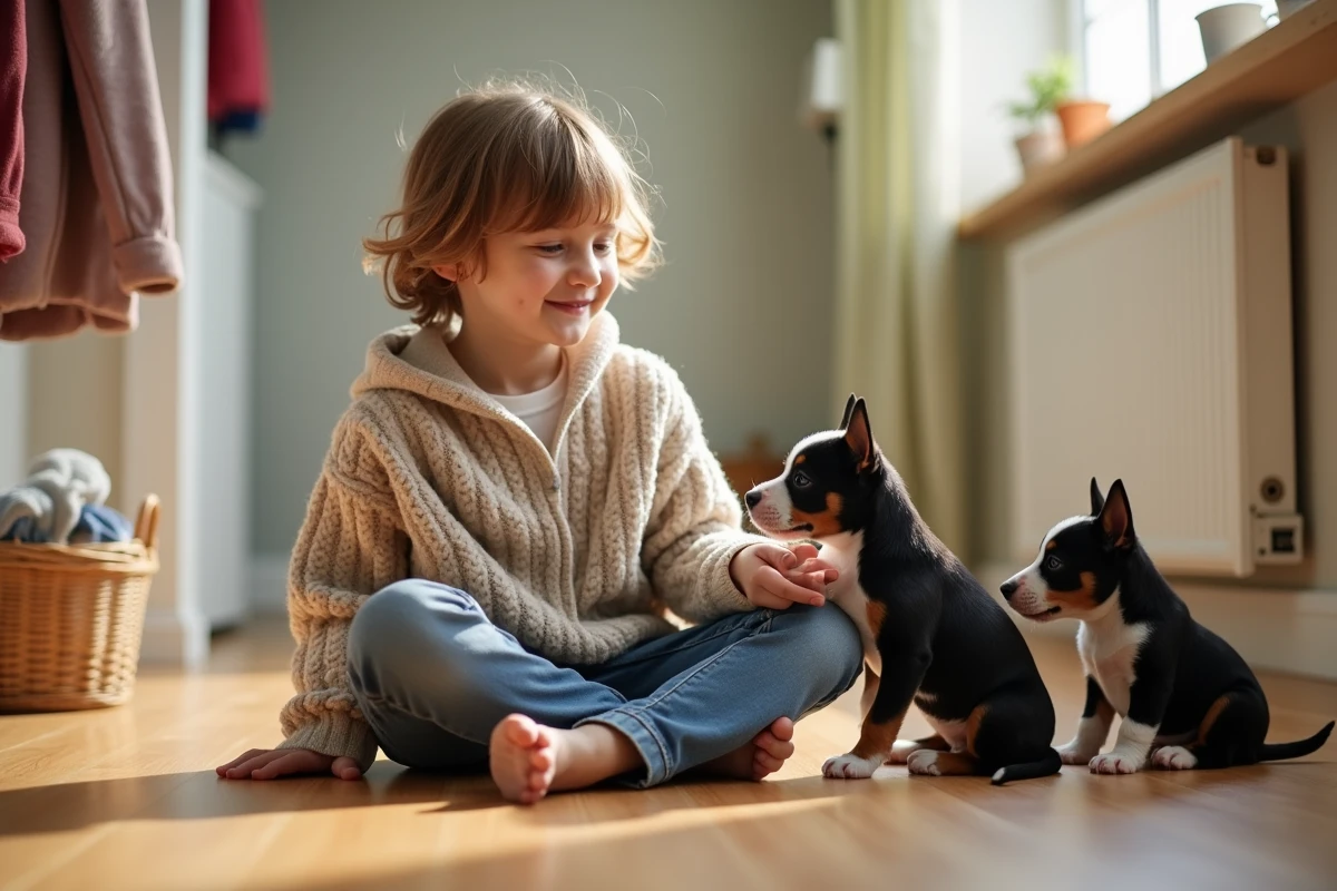 Enfant jouant avec trois chiots Bull Terrier dans un couloir ensoleille