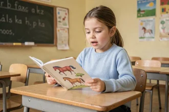 Petite fille en CP lisant une chanson sur les chevaux dans un livre illustré en classe