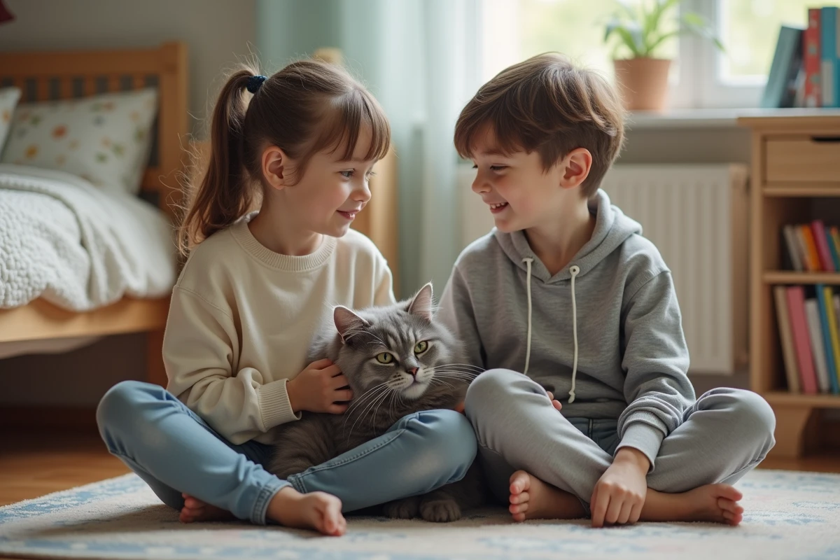 Deux enfants et un chat angora gris se reposant ensemble sur un tapis dans une chambre