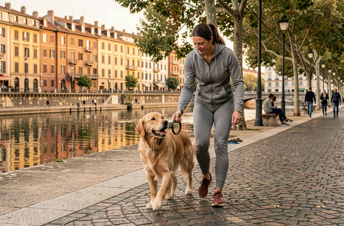 Une éducatrice canine promène un Golden Retriever au bord de la Saône à Lyon lors d'une séance de dressage urbaine pour Entre Chiens et Lyon