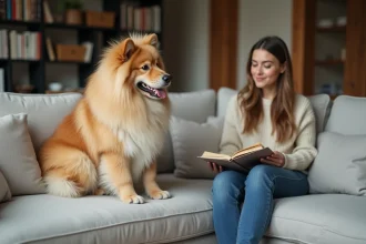 Eurasier calme assis sur un canapé aux côtés de sa propriétaire dans un appartement moderne