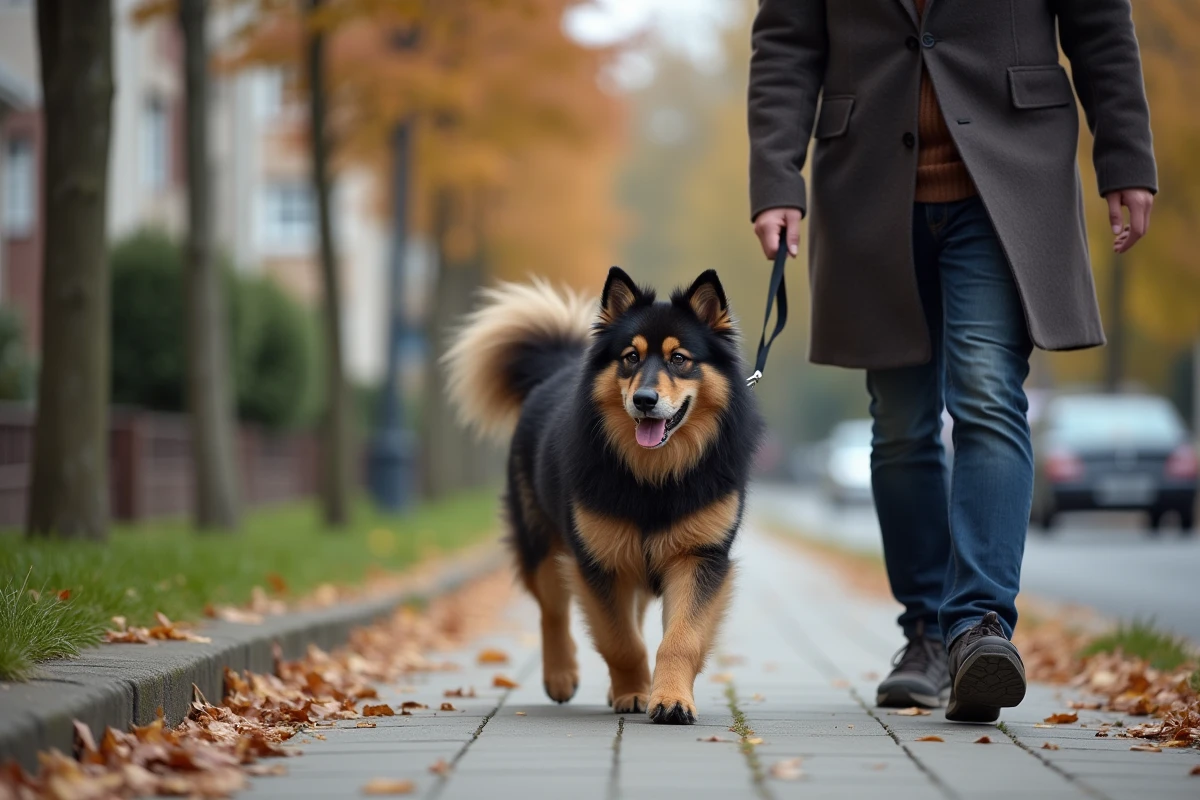 Eurasier en promenade urbaine avec son maître dans une rue résidentielle en automne