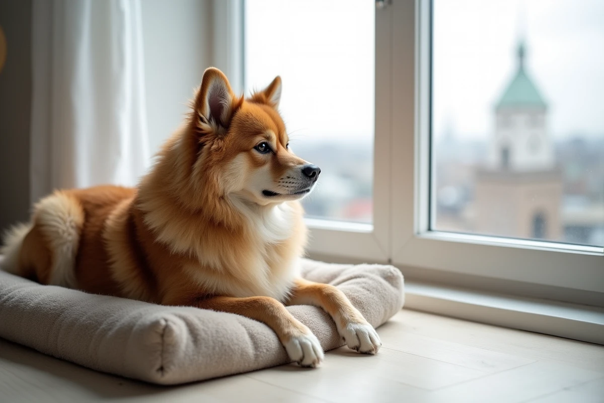 Eurasier seul dans un appartement allongé sur son coussin près d'une fenêtre, démontrant sa tolérance à la solitude