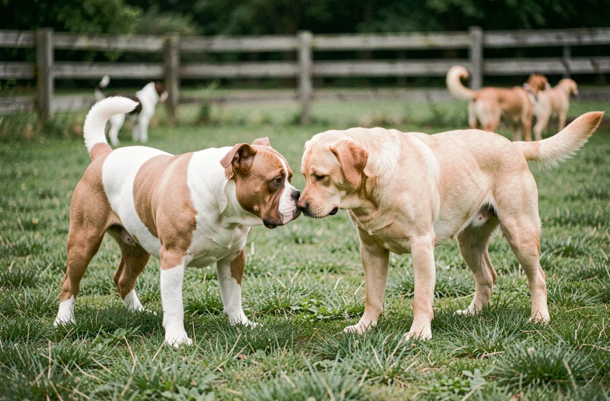 Exotic Bully blanc et tan jouant avec un Labrador doré dans un parc canin en plein air, montrant une socialisation positive entre chiens