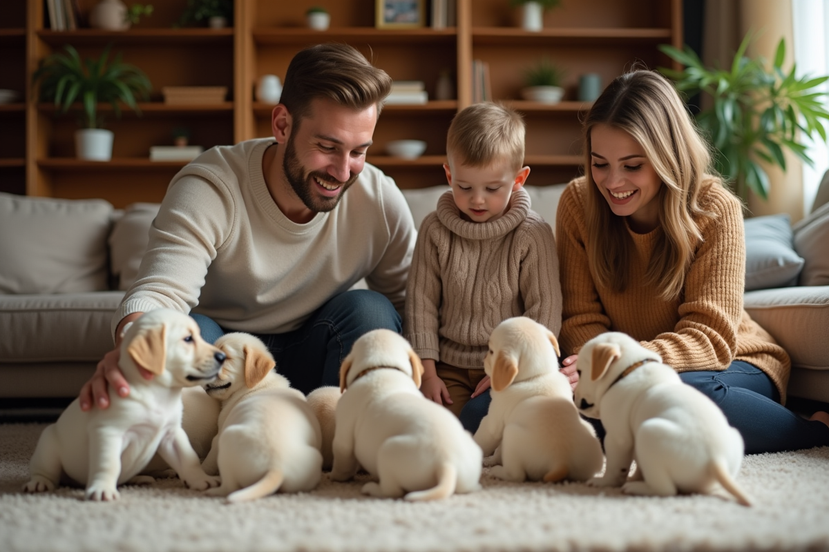 Famille dans le salon avec chiots labrador joueurs