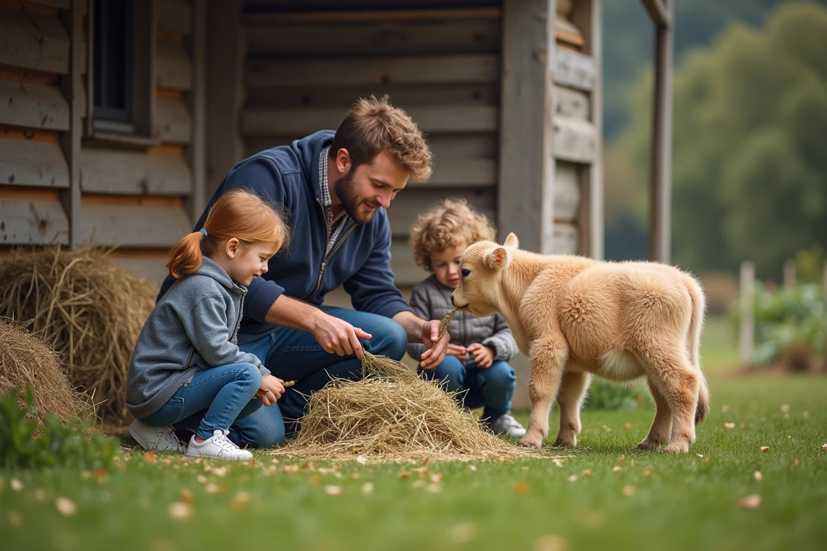 Famille nourrissant une petite vache dans la campagne