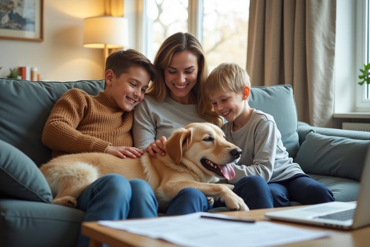 Famille heureuse jouant avec leur chien dans le salon