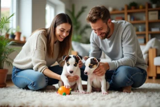 Famille accueillant deux chiots Bull Terrier dans un salon lumineux