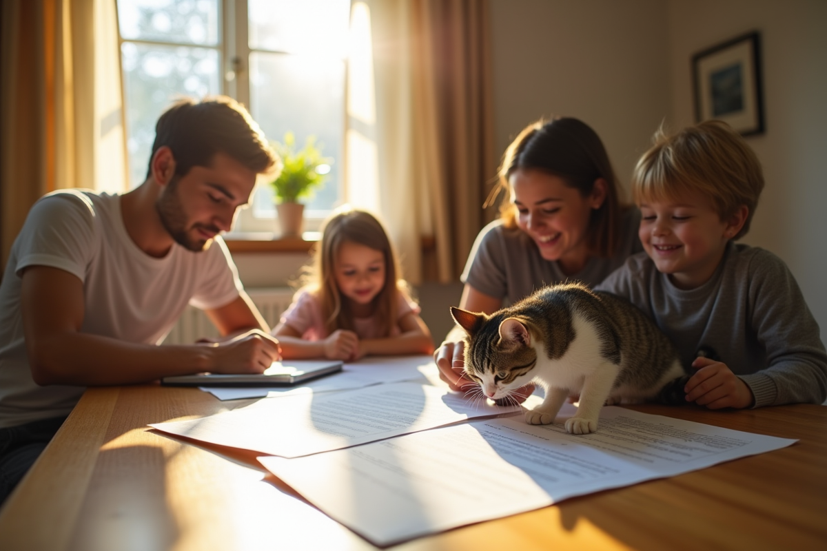 Famille à la maison examinant des documents d