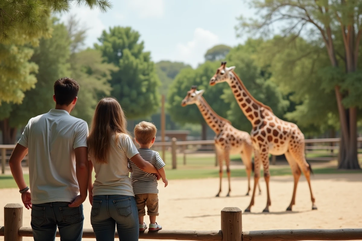 Famille observant des girafes dans la savane du zoo