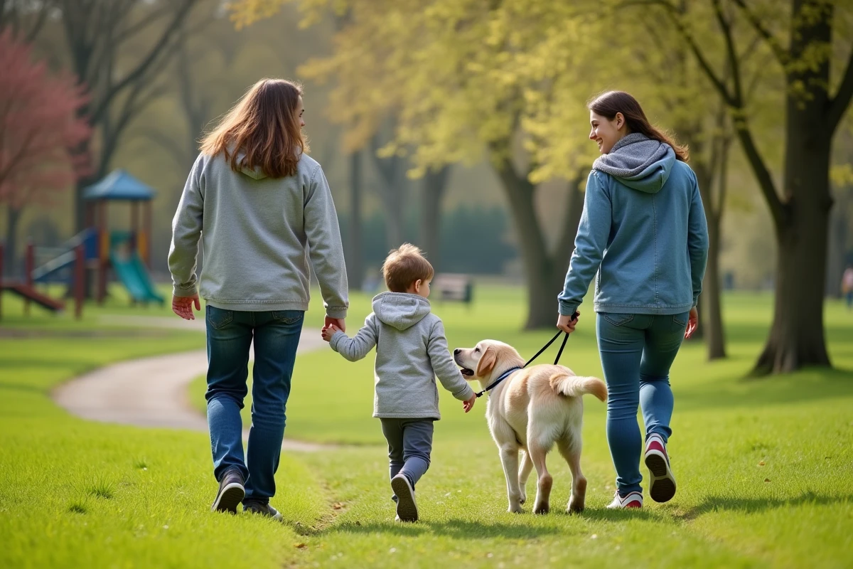 Famille heureuse avec leur chien dans un parc en plein air