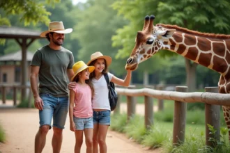Famille souriante près de la girafe au zoo de La Palmyre