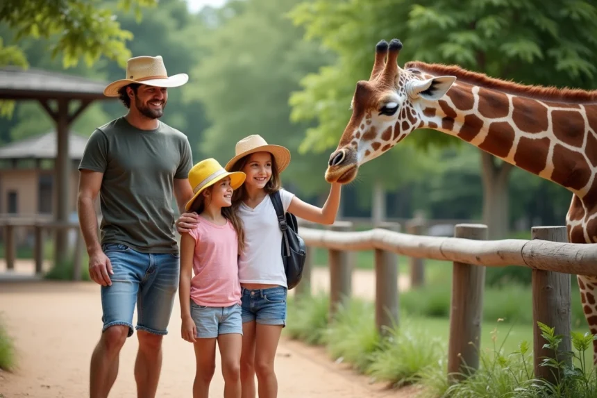 Famille souriante près de la girafe au zoo de La Palmyre