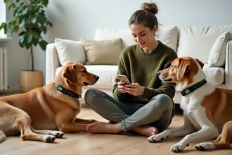 Femme gérant plusieurs chiens avec colliers GPS connectés depuis une application smartphone dans un salon moderne