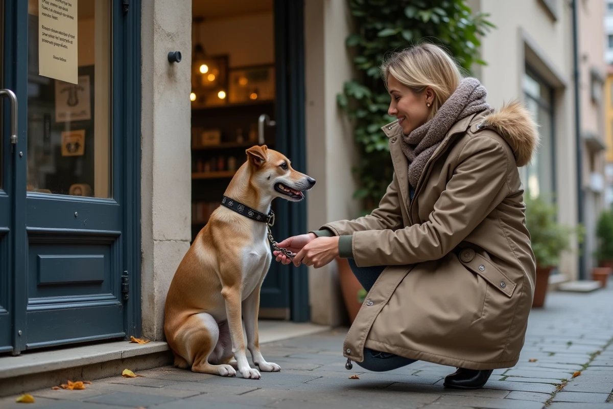 Jeune femme attachant le collier de son chien devant un immeuble
