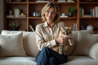 Femme dans un salon avec un chat Birman en main