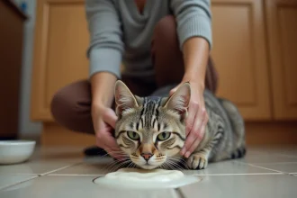 Femme réconfortant son chat calme sur le sol de la cuisine