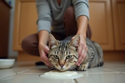 Femme réconfortant son chat calme sur le sol de la cuisine