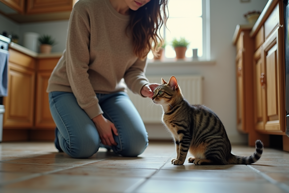 Femme caressant un chat enceinte dans la cuisine