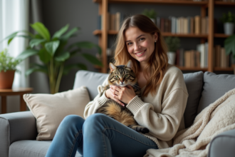 Jeune femme avec chat tabby dans un salon cosy
