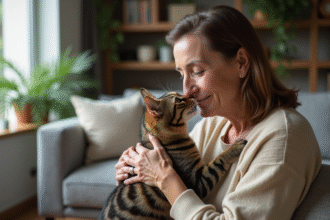 Femme avec chat tabby dans un salon cosy