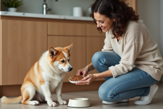 Femme souriante avec son chien dans la cuisine chaleureuse