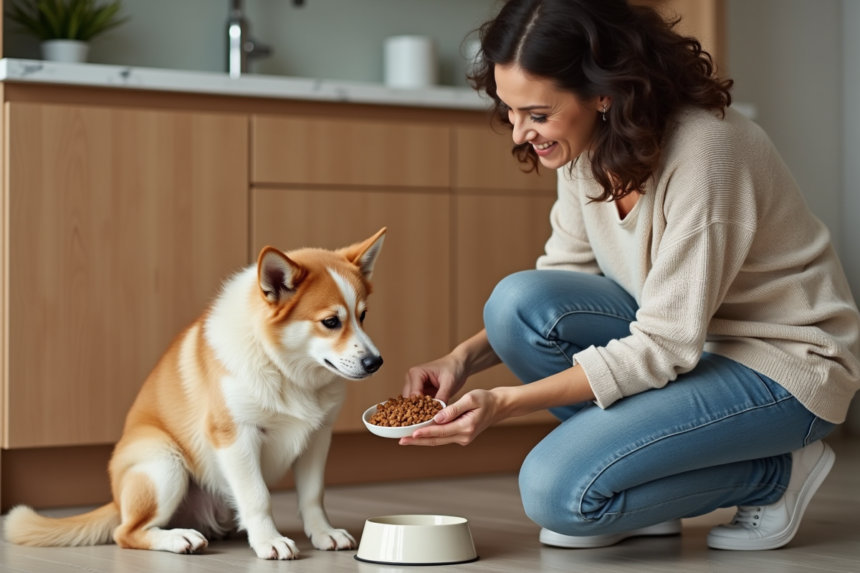 Femme souriante avec son chien dans la cuisine chaleureuse