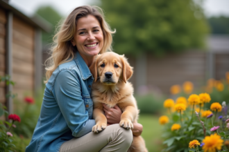 Femme souriante avec chiot golden retriever dans le jardin