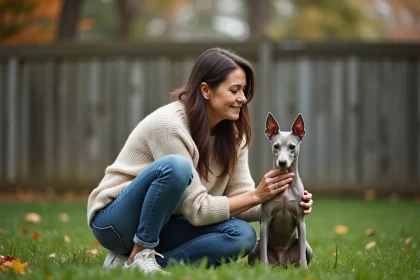 Femme et chien sans poils dans un jardin verdoyant