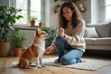 Jeune femme souriante avec un chien chihuahua dans un intérieur chaleureux