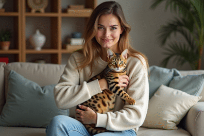 Jeune femme avec chat bengal dans un salon chaleureux
