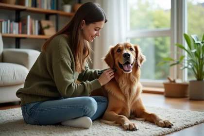 Jeune femme caressant son chien dans un salon organisé