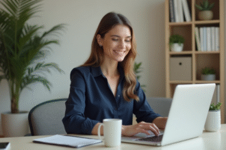 Femme au bureau à domicile travaillant sur son ordinateur