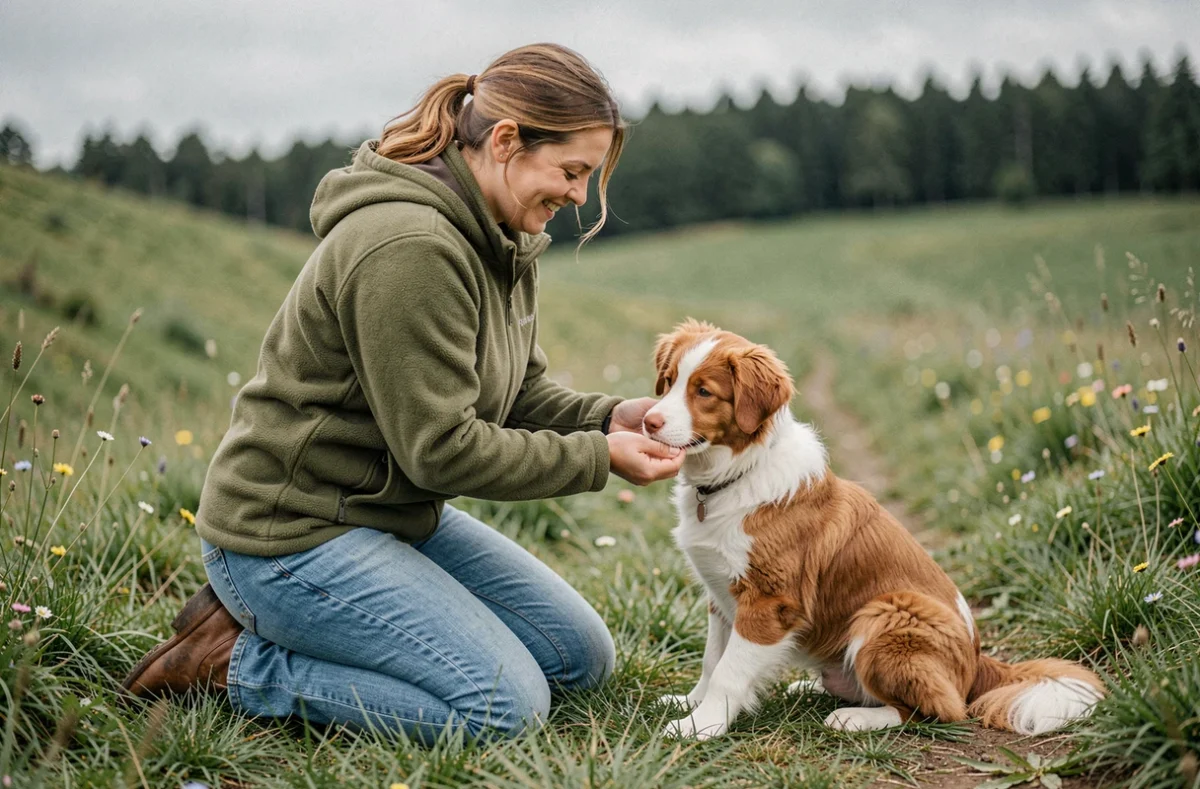 Femme souriante en veste polaire verte caressant un chiot Berger Australien rouge tricolore dans un pré verdoyant