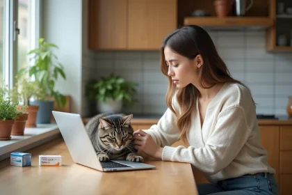 Jeune femme avec chat et contraceptifs dans la cuisine