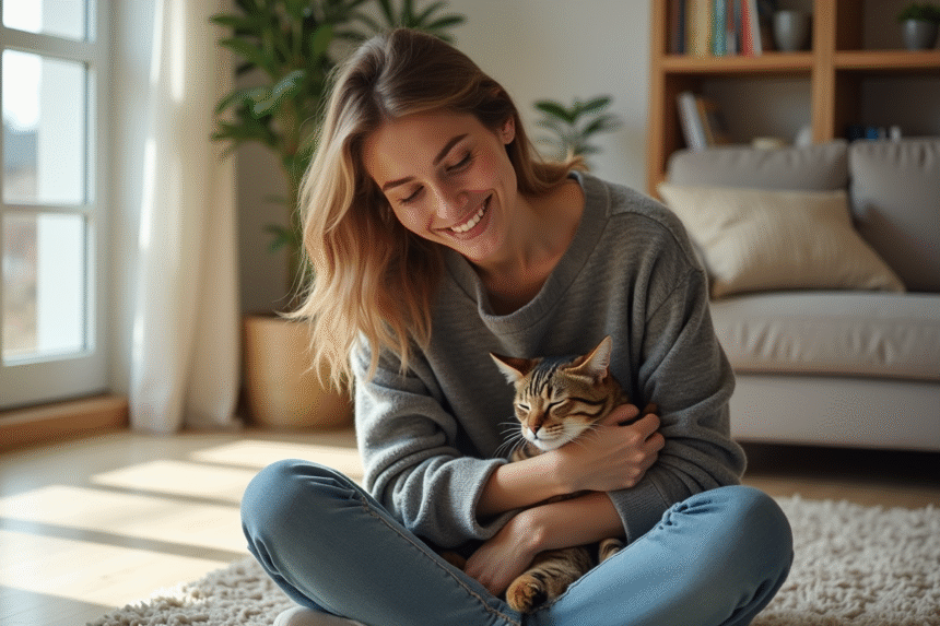 Jeune femme avec chat dans un salon lumineux