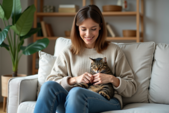 Femme caressant un chat sur ses genoux dans un salon cosy