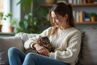 Jeune femme caressant un chat sur son sofa lumineux