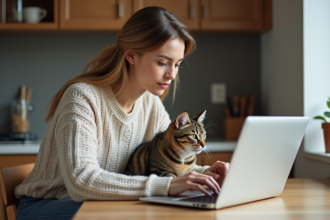 Jeune femme avec chat regardant ordinateur dans la cuisine