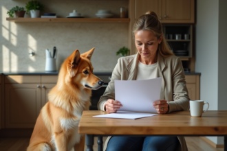 Femme examinant documents de pedigree avec son chien dans la cuisine