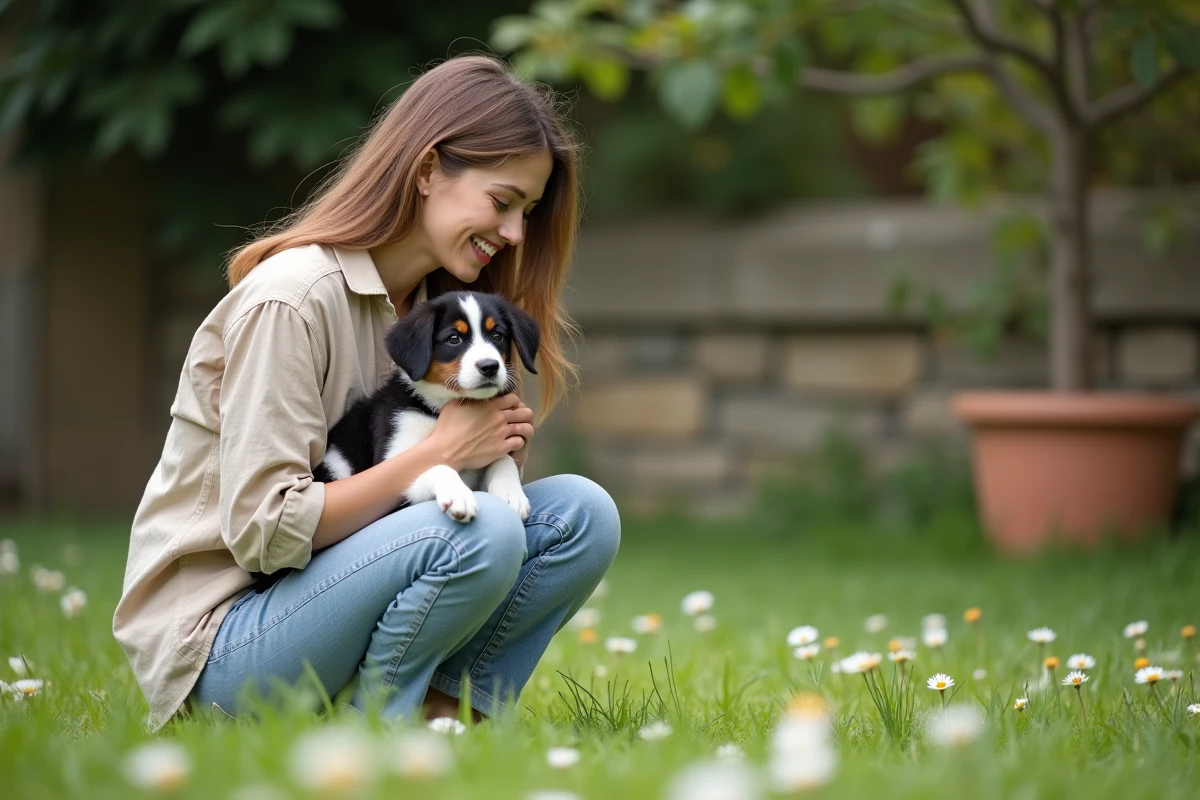 Jeune femme tenant un chiot croisé noir et blanc dans un jardin de maison en Gironde près de Bordeaux