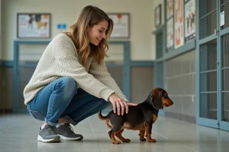 Femme souriante avec un chiot teckel dans un refuge