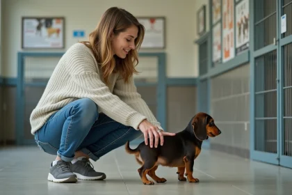 Femme souriante avec un chiot teckel dans un refuge
